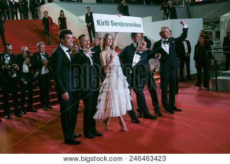  Ilya Stewart,  Roman Bilyk, Irina Starshenbaum,Teo Yoo, Vladislav Opelyants attend the screening of'Leto' during the 71 Cannes  Film Festival at Palais on May 9, 2018 in Cannes, France.