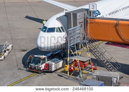Berlin Germany - April 21. 2018: Lufthansa Airbus A321 Ready For Departure At The Gate Of Berlin Teg