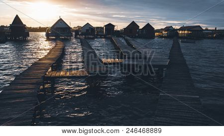 Fishing houses at Lake Bokod, Hungary