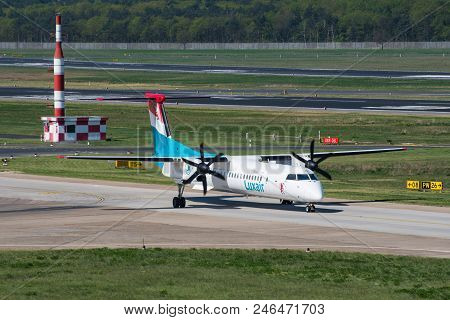 Berlin Germany - April 21. 2018: Bombardier Dash 8 Q400 From Luxair At Berlin Tegel Airport