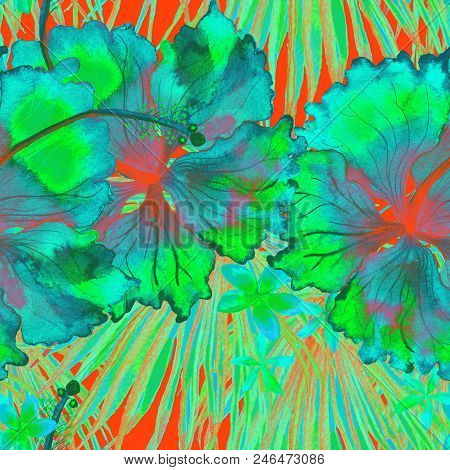 Tropical Pattern. Watercolor Exotic Flowers And Monstera Leaves.  Red Green Plants In Seamless Patte