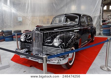 Kharkiv, Ukraine - May 19, 2018: Soviet Retro Car Black Zis-110 Manufactured In 1945 Is Presented At