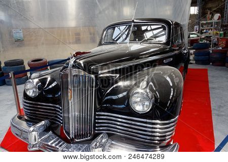Kharkiv, Ukraine - May 19, 2018: Soviet Retro Car Black Zis-110 Manufactured In 1945 Is Presented At
