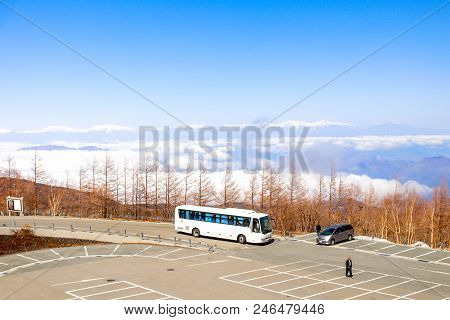 Landscape Of View Cloud Line With Japan Alps On 5th Station Mt Fuji Japan And Parking Bus