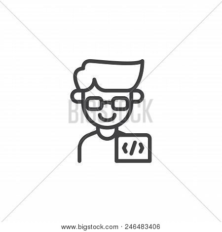 Programmer Man Outline Icon. Linear Style Sign For Mobile Concept And Web Design. Coder Male Simple 