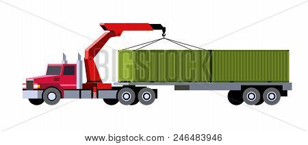 Minimalistic Icon Knuckleboom Crane Tractor Truck With Semi Trailer Containers. Front Side View. Mob