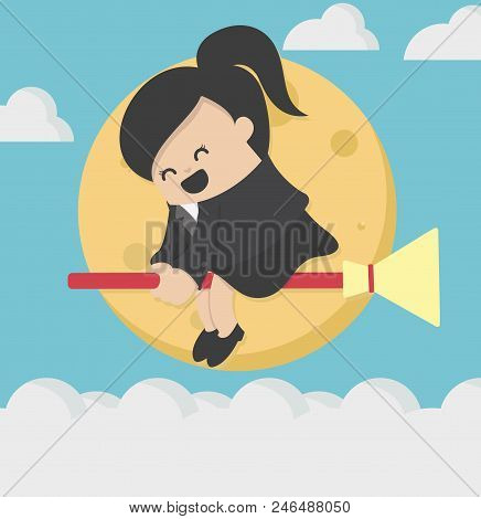 Flying Riding On Broom At Full Moon