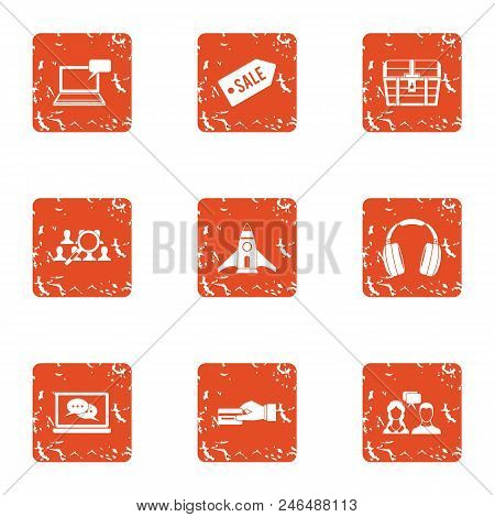 Computer Sale Icons Set. Grunge Set Of 9 Computer Sale Vector Icons For Web Isolated On White Backgr