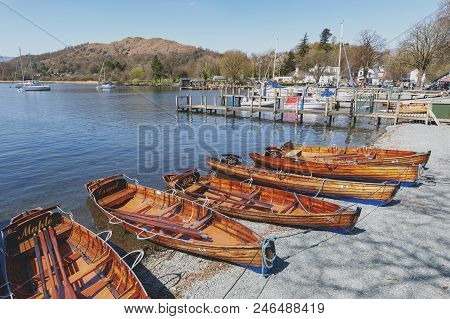 South Lakeland, Uk - April 2018: Rowing Boat At Waterhead Pier In Ambleside, A Lakeside Town Situate