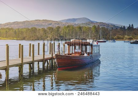 South Lakeland, Uk - April 2018: Tourist Boat Cruise At Waterhead Pier In Ambleside, A Lakeside Town