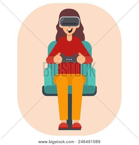 Virtual Reality Glasses Gamer Young Girl Playing Game Sit Armchair Cartoon Character Flat Design. Wo