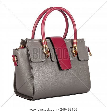 Fashionable Gray Classic Ladies Handbag Of Solid Textured Leather With A Claret Flap And Inserts And