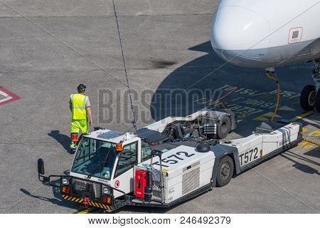 Berlin Germany - April 21. 2018: Pushback Tractor At Berlin Tegel Airport Waiting For Work