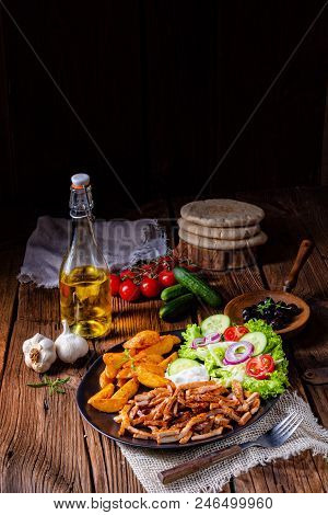 Rustic Gyros Plate It Green Salad And Potato Wedges