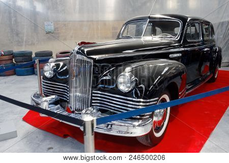 Kharkiv, Ukraine - May 19, 2018: Soviet Retro Car Black Zis-110 Manufactured In 1945 Is Presented At