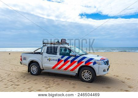 Kijkduin, The Hague, The Netherlands - 17 June 2018: Police Beach Patrol Vehicle On Standby At Sunny