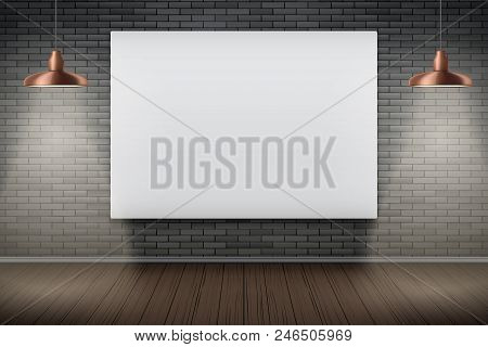 Empty Mockup Billboard With Pedant Lamps On Black Brick Wall. Vintage Loft Room And Fashion Interior
