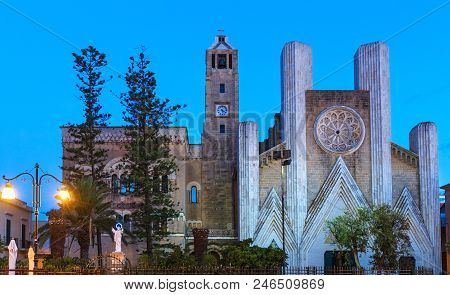 Evening Dusk In Gallipoli, Province Of Lecce, Puglia, Southern Italy. The Sacred Heart Of Jesus Chur