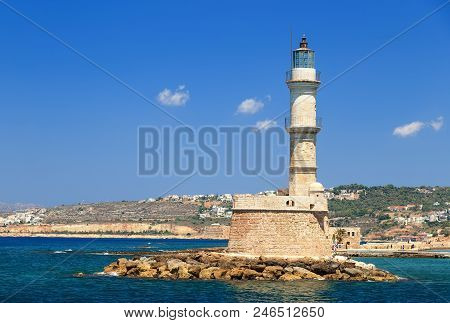 The Venetian Harbour Of Chania With The Small Lighthouse
