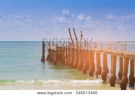 Wooden Jetty Over Beach Coast, Nautral Landscape Skyline Background