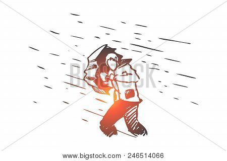 Obstacles, Difficulties, Problems Concept. Hand Drawn Man With Umbrella And Rain As Symbol Of Diffic