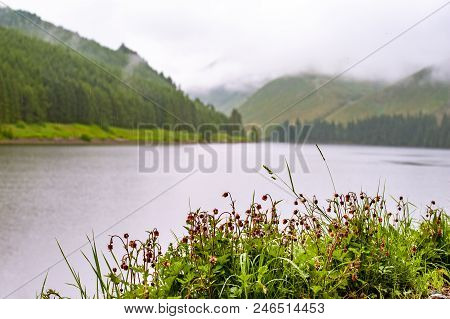 View Of A Beautlful Lake Talla In Scottish Borders With Green Hills Covered By Thick Rainy Clouds.