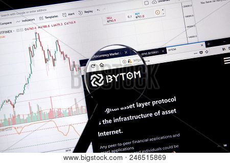 Montreal, Canada - June 20, 2018: Bytom Crypto Currency Home Page. Cryptocurrency Is A Digital Curre