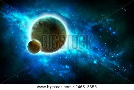 Gorgeous spacescape with two rocky planets and a blue nebula. Digital illustration.