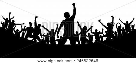 Sports Fans Audience. Soccer Goal Stadium. Cheerful People Crowd Applauding, Silhouette. Party, Appl