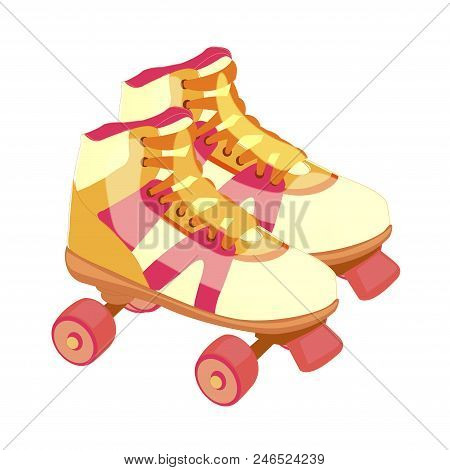 Pair Of Vintage, Retro Quad Roller Skates. Vector Illustration Isolated On White Background. Equipme