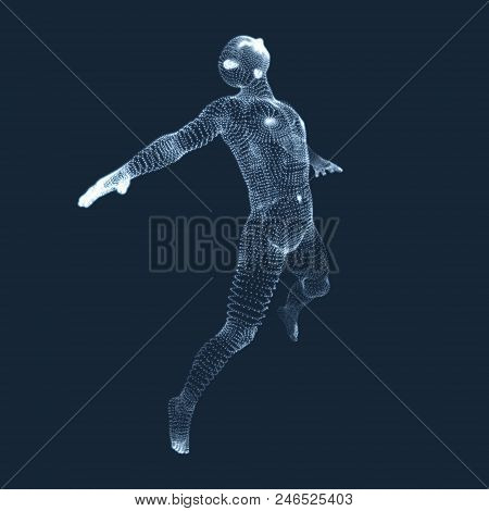 Jumping Man. Vector Graphics Composed Of Particles. 3d Model Of Man. Human Body Model. Body Scanning