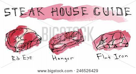 Watercolor Steak Types Set. Beef Cuts. Top Meat Guide For Butcher Shop Or Steak House Restaurant Men