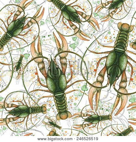 Watercolor Pattern Of Seamless Pattern On A Marine Theme And On A Zodiac Sign, Cancer, Lobster, Rive