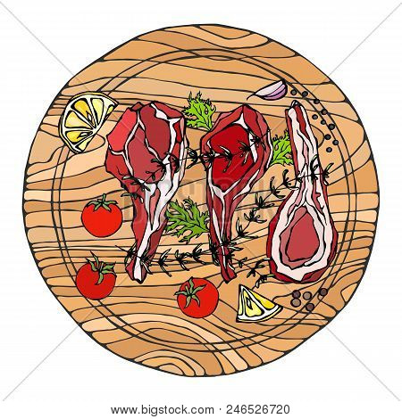 Lamb Ribs Chops With Herbs, Lemon, Tomato, Parsley, Thyme, Pepper. On A Round Wooden Cutting Board. 