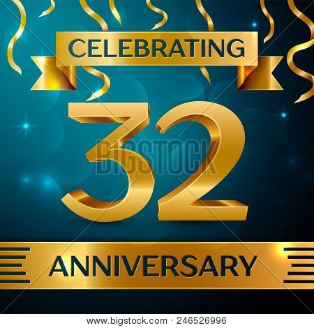 Realistic Thirty Two Years Anniversary Celebration Design. Golden Confetti And Gold Ribbon On Blue B