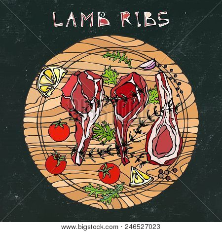 Lamb Ribs Chops With Herbs, Lemon, Tomato, Parsley, Thyme, Pepper. On A Round Wooden Cutting Board. 