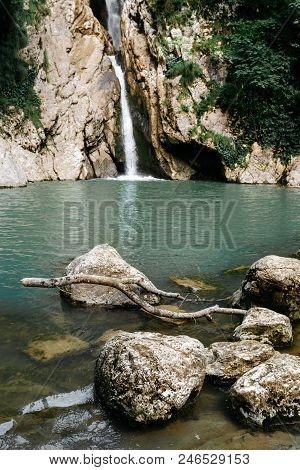 The Average Agur Waterfall In The Agur Gorge In Sochi.