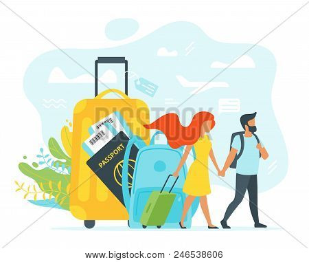 Vector Flat Style Illustration Of Travel Suitcases And Backpack With Loving Newlyweds.  Minimalism D