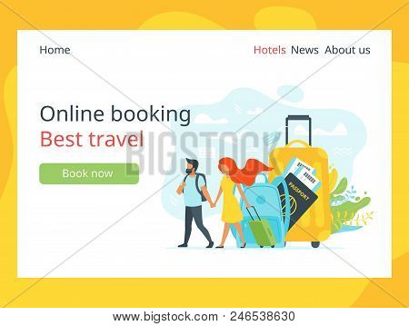 Vector Flat Style Illustration Of Travel Suitcases And Backpack With Loving Couple. Online Booking L