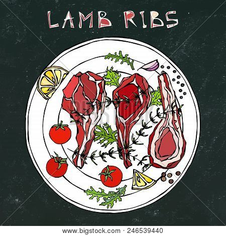 Lamb Ribs Chops With Herbs, Lemon, Tomato, Parsley, Thyme, Pepper. On A Round Plate. Meat Guide Stea