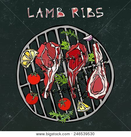 Lamb Ribs Chops With Herbs, Lemon, Tomato, Parsley, Thyme, Pepper. On A Round Grill Bbq. Meat Steak 