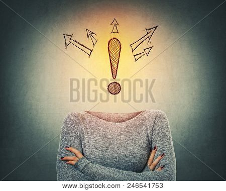 Surreal Image As Confident Woman With Crossed Hands And Drawn Exclamation Mark Instead Of Head With 