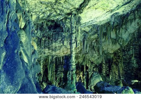 Amazing View On Stalactites In Colorful Bright Light, Beautiful Natural Attraction, Wonderful Nature