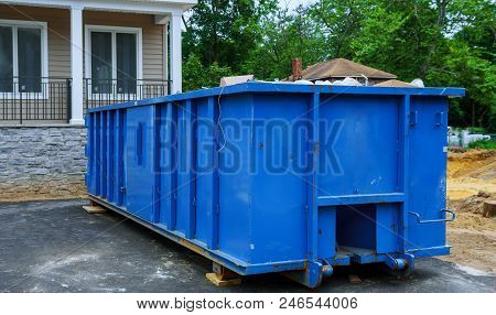 Full Construction Rubbish Bin With Loads At Construction Site Waste Debris Container, Garbage Bricks