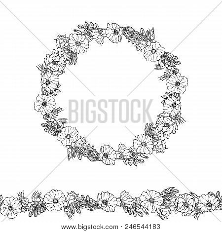Round Frame And Endless Brush With Wild Roses. Summer Flowers Greeting Card Or Wedding Background. H