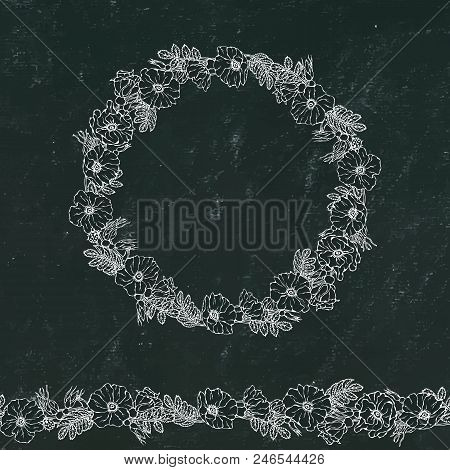 Round Frame And Endless Brush With Wild Roses. Summer Flowers Greeting Card Or Wedding Background. H