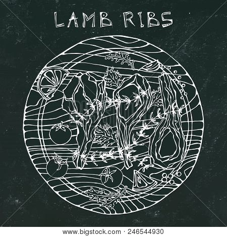 Lamb Ribs Chops With Herbs, Lemon, Tomato, Parsley, Thyme, Pepper. On A Round Wooden Cutting Board. 