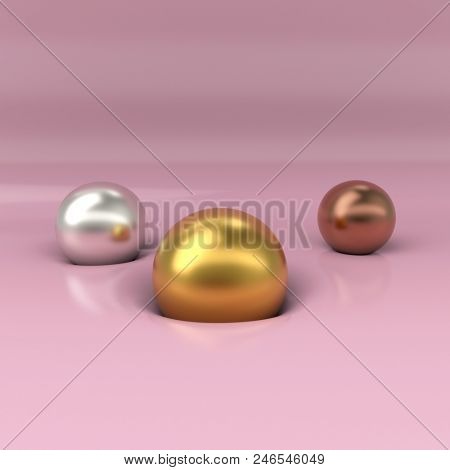 Gold, silver and copper balls dented pink surface minimal background. 3D rendering.