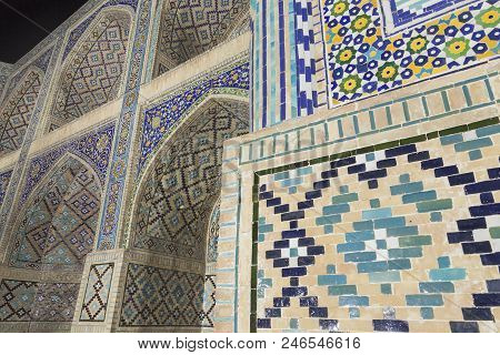 Nadir Divan-begi Madrasah Mosque Wall Decoration. Photo Shoot From Near Of The Wall. Arabic Islamic 