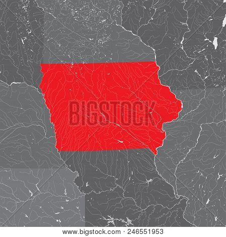 U.s. States - Map Of Iowa. Hand Made. Rivers And Lakes Are Shown. Please Look At My Other Images Of 